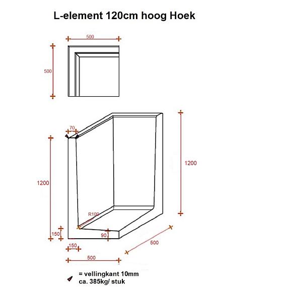 Betonnen L-hoekelement 50x50x120 zwart