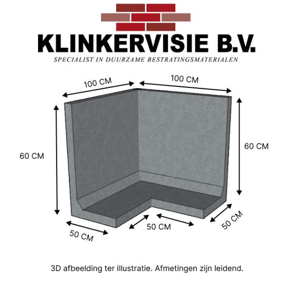Hoekwand 60cm Hoog. 100/100cm Lang. 50cm Voet. Grijs
