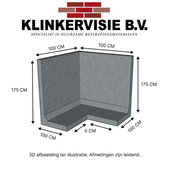 Hoekwand 175cm Hoog. 100/100cm Lang. 100cm Voet. Grijs